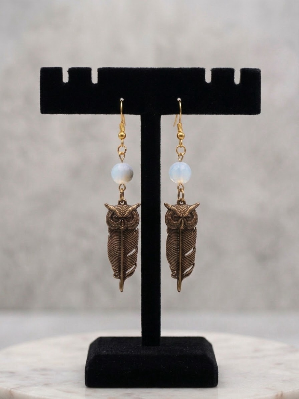 Opalescent White and Bronze Owl Feather Drop Earrings